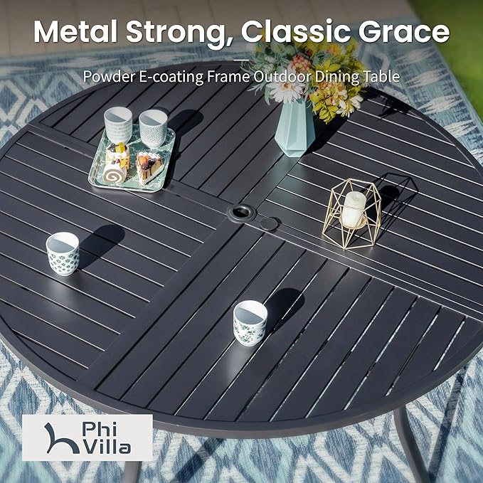 PHI VILLA 5 Pieces Outdoor Dining Set for 4, Round Metal Steel Table with Umbrella Hole & Swivel Wrought Iron Chairs with Cushions, Large Modern Furniture for Patio, Deck, Backyard, Porch