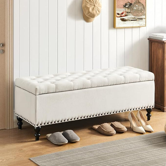 Storage Ottoman 50.2 Inches Upholstered Fabric Storage Ottoman Bench，Button Tufted Ottoman with Storage for Living Room，Bedroom End of Bed Bench Withstands 304lbs