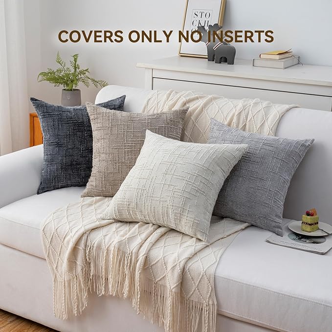 Decorative Throw Pillow Covers 18x18 Inch Set of 4, Soft Solid Farmhouse Chenille Couch Pillows, Spring Pillow Covers for Couch Sofa Bed Living Room Home Decor Pillowcase, Light Colors