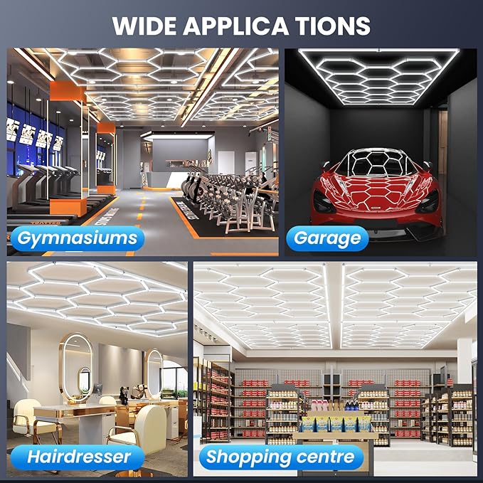 Ultra Bright Hexagon Garage Lights.750W 108000LM 6500K Hexagon LED Light with Rectangle Frame.14-Grid Honeycomb Lights with 1.33" Wide-Angle Lighting Surfacefor Garage, Basement, Warehouse
