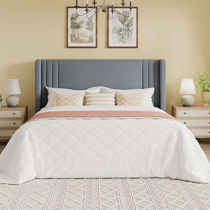 SHA CERLIN Queen Size Velvet Upholstered Platform Bed Frame with Vertical Channel Tufted Wingback Headboard, Wooden Slats Support, Easy Assembly, Under Bed Storage, No Box Spring Required, Grey