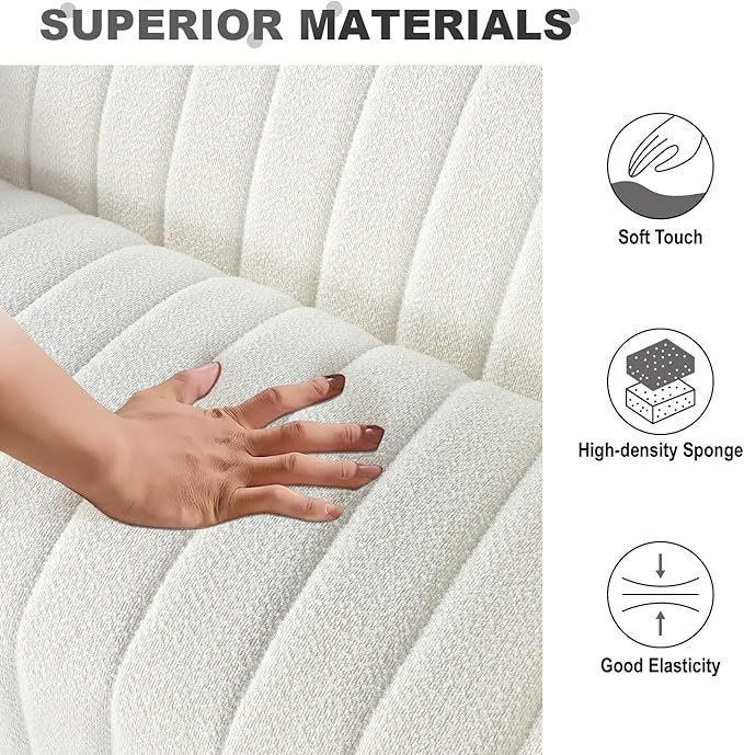 Get Set Style Modern Accent Sofa,Tufted Boucle Upholstered Sherpa Deep Seat Cloud Sofas,Comfy 3 Seater Couch with 2 Pillows for Living Room Apartment Office Lounge Studio (White)