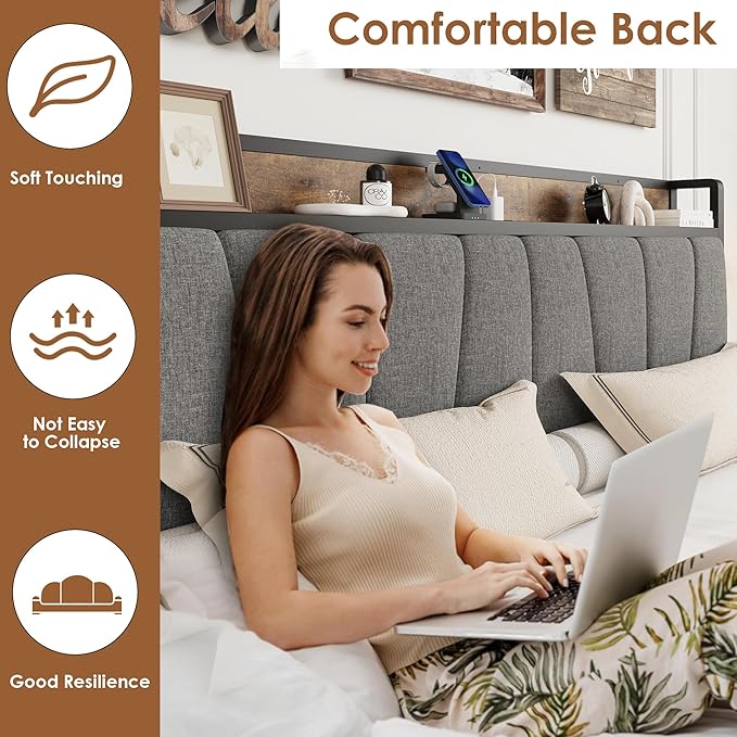King Size Bed Frame with 2 Storage Drawers and Charging Station, Rustic Linen Upholstered Platform Bedframe with Storage Headboard, Heavy Duty, No Box Spring Needed, Easy Assembly, Noise Free,Grey