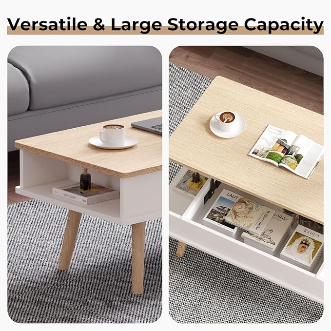 Lift Top Coffee Table, One Minute No Assembly Required Rising Tabletop Center Table with Large Hidden Storage Compartment, Open Shelf, Anti-Pinch Design Mute for Living Room (Oak)