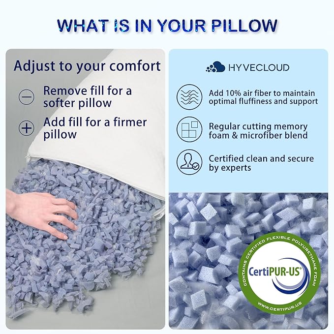 Shredded Memory Foam Pillows for Deep Sleep Bed Pillow forNeck Support with Removable & Washable Cover, Rectangular White-Cooling++, Queen Pack of 1