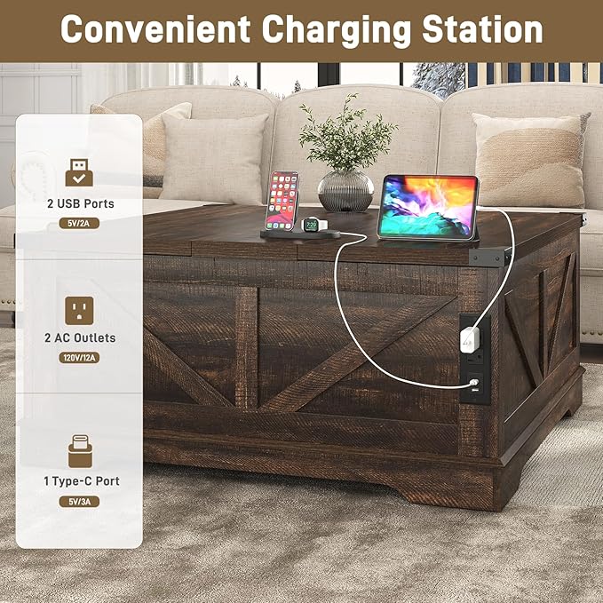 40” Large Farmhouse Lift Top Coffee Table with Power Outlets and Large Hidden Storage, Square Wood Living Room Tables, Multi-Function Lift Wooden Barn Door Center Table, Brown
