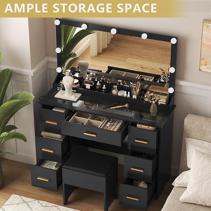 Makeup Vanity Desk with Large Lighted Mirror and Lights, Glass Top Vanity Table Set with 7 Drawers, Power Outlet & Storage Stool, Dressing Table with RGB Ambient Light for Women Girls Bedroom, Black