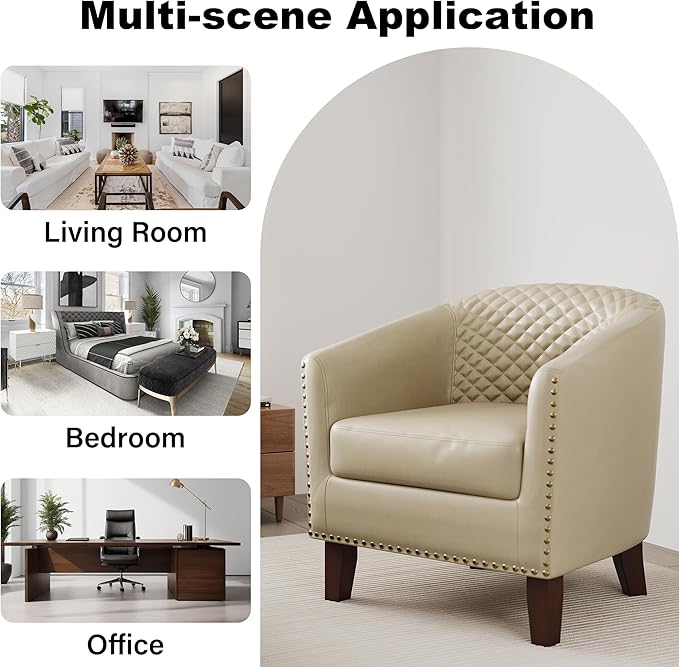 Accent Barrel Chair, Upholstered Faux Leather Club Chair with Nailed Trim, Comfy Reading Armchair for Living Room Bedroom Reception Room Office (Beige, Set of 4)