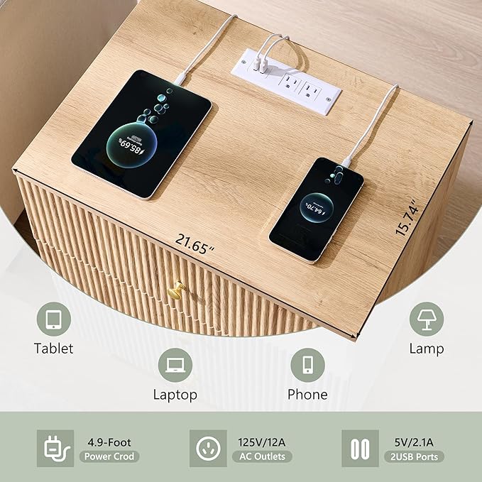 Fluted Night Stand with Charging Station, 21.65" Nightstand with Drawer, 3 Drawer Dresser for Bedroom, Morden End Table Bedside Table Chests of Drawers for Bedroom, Living Room, Natural