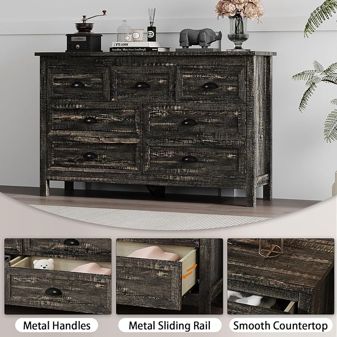 Farmhouse 7 Drawer Dresser for Bedroom, Modern Wood Dresser with Vintage Black Antique Handle, Rustic Chest of Drawers for Hallway, Antique Black
