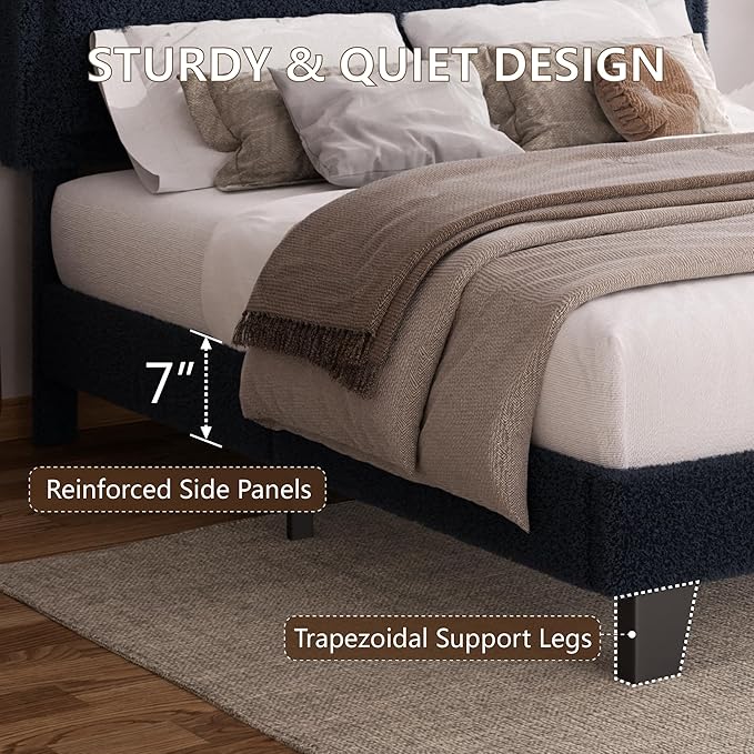 Full Size Boucle Bed Frame, Upholstered Platform Cloud Bed Frame with Headboard, Soft Teddy Fabric, Modern Style, No Box Spring Required, Easy Assembly, Blue-Black