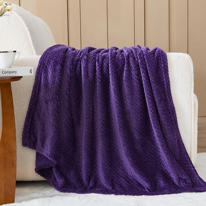 NEWCOSPLAY Super Soft Twin Blanket Dark Purple Premium Silky Flannel Fleece Leaves Pattern Lightweight Bed Blanket All Season Use (Dark Purple, Twin(60"x80"))