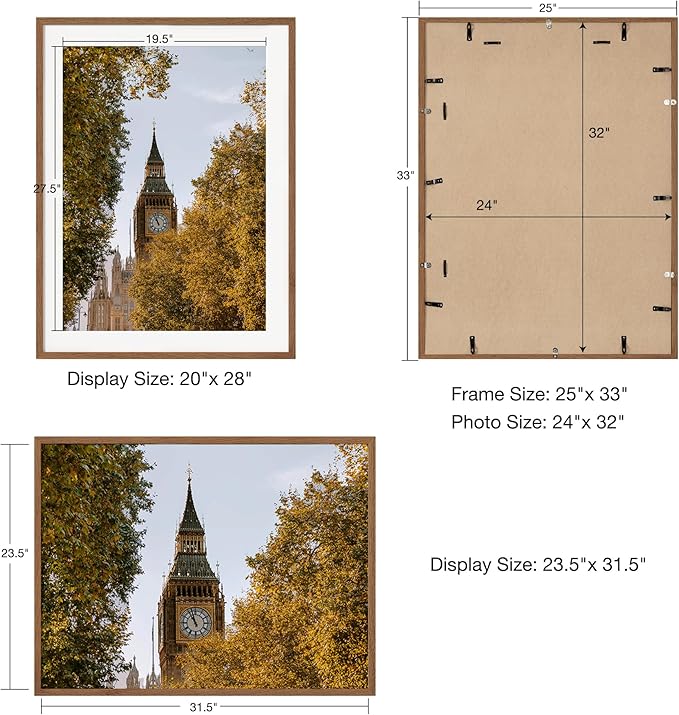 Axeman 24x32 Frame | Solid Oak Wood 24x32 Poster Frame With Mat for 20x28 | 32x24 Wood Picture Frame | Tempered Glass and Hanging Hardware Included Home Wall Decor Art Hanging Frame | Walnut