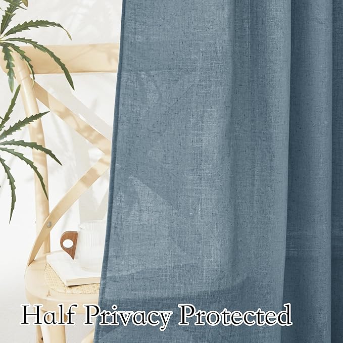 RYB HOME Linen Sheer Curtains 102 inches Long for Living Room Bedroom, Vertical Boho Rustic Home Decor Privacy Semi Sheer for Kids Room, W 52 x L 102 inches, Stone Blue, 2 Panels Set
