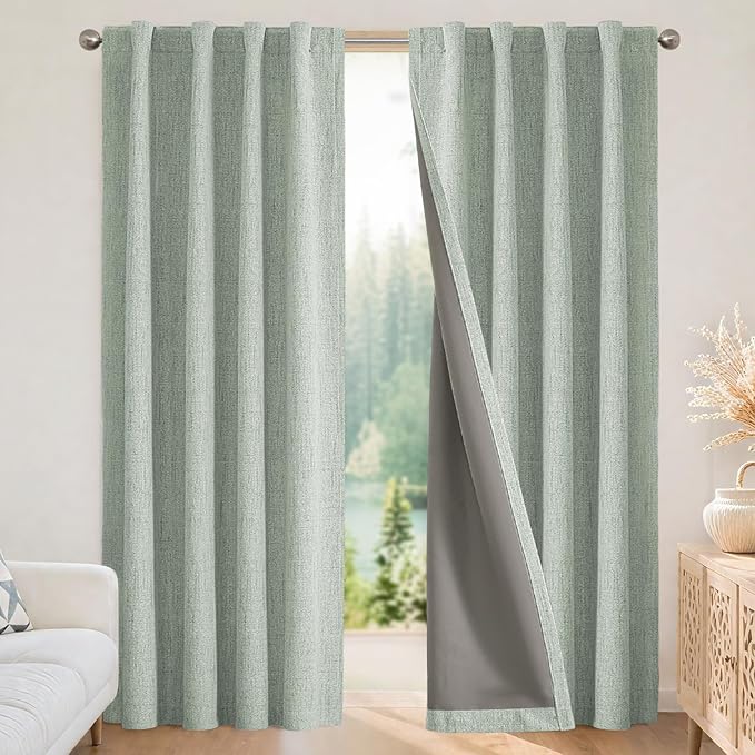Joydeco 100% Blackout Curtains for Bedroom - Natural Linen Curtains 52" W x 96" L Long, Thermal Insulated 2 Panels Light Blocking Drapes, Rod Pocket & Back Tabs, Darkening Privacy for Living Room