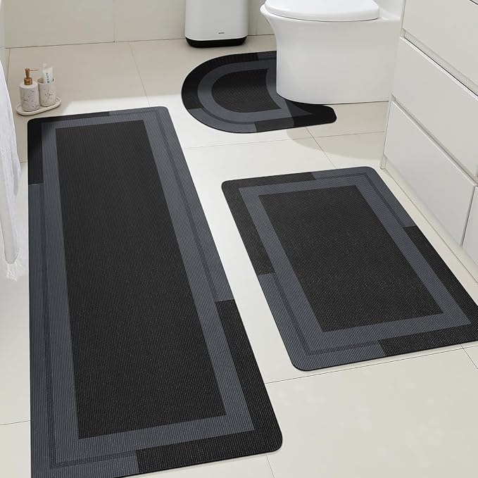 ACCUMTEK Ultra Thin Bath Mats Fit Under Door 3 Piece, Upgrade Backing Non Slip Bath Mat, Quick Dry Absorbent Bath Mat, Machine Washable Bathroom Rugs for Bathroom Floor, Bathtub, Kitchen, Black