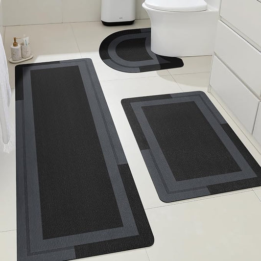 ACCUMTEK Ultra Thin Bath Mats Fit Under Door 3 Piece, Upgrade Backing Non Slip Bath Mat, Quick Dry Absorbent Bath Mat, Machine Washable Bathroom Rugs for Bathroom Floor, Bathtub, Kitchen, Black