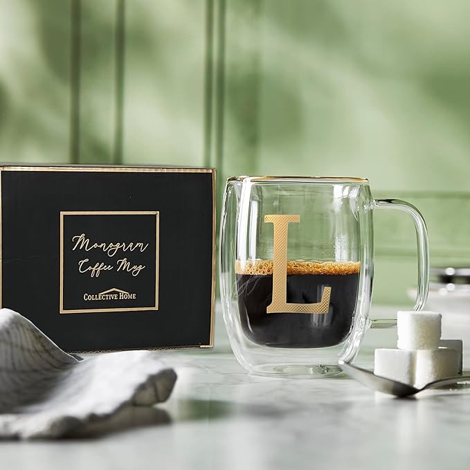 COLLECTIVE HOME - Double Walled Glass Coffee Mugs, Insulated Coffee Mug with Handle, Personalized Gifts for Women, Men, Christmas, 14 oz Monogram Cups (L)