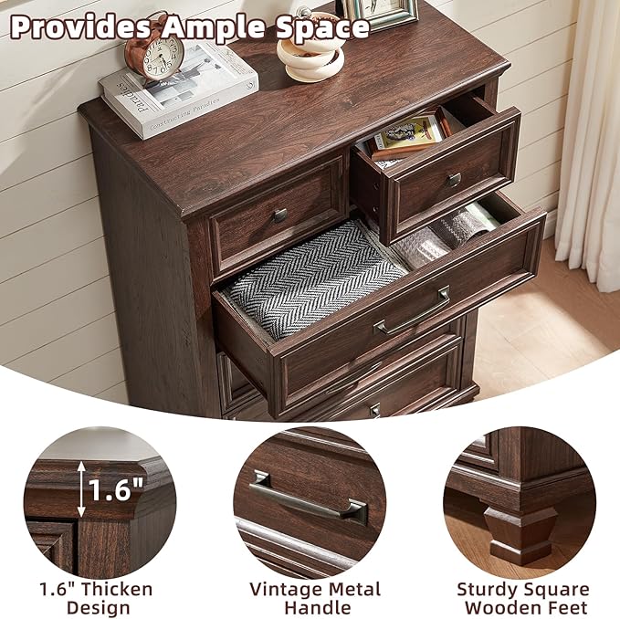 Farmhouse 6 Drawer Dresser for Bedroom, 45 Inch Tall Vintage Wood Chest of Drawers, Rustic Dressers w/Square Wooden Legs, Mid-Century Storage Organizer for Living Room, Hallway, Walnut