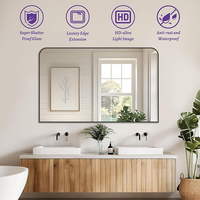 Bathroom Mirror, Wall Mirrors, Black Metal Framed Wall-Mounted Mirrors, Bathroom Vanity Mirror for Over Sink, Living Room, Bedroom, Entryway, 48x32 Inch, Black