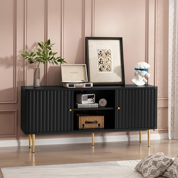 ARTPOWER 55” Fluted TV Stand, Mid Century Modern Black TV Stand for 55/60/65 inch TV, Entertainment Center with Storage, Television Stands, TV Console, Media Console for Living Room, Bedroom (Black)