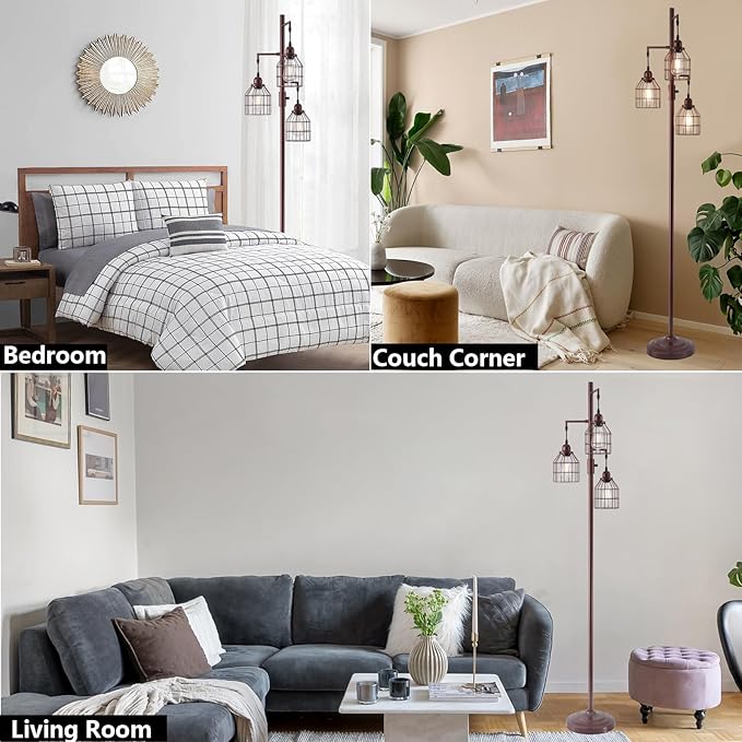 9MMML Floor Lamp for Living Room, Farmhouse Industrial Dimmable Floor lamp, 3 Lights Metal Cage Tree Standing Lamp,68", 3Pcs LED Bulbs Included