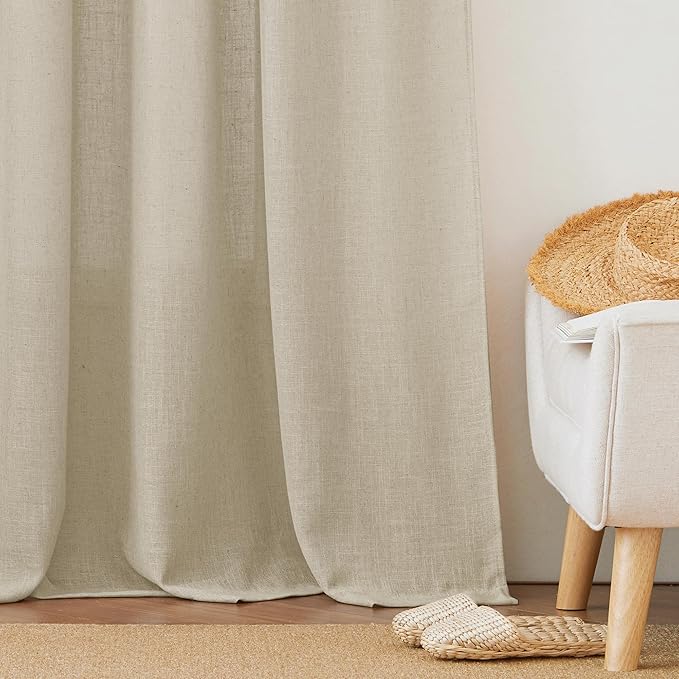 RYB HOME Semi Sheer Curtains 84 incehs, Rod Pocket for Living Room Bedroom Office Dining, Beige, W 52 x L 84, 2 Panels