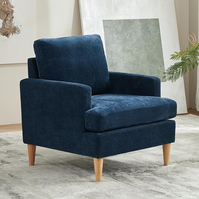 VKNOW Mid-Century Accent Chair, Modern Upholstered Chenille Armchair for Living Room,Comfy Reading Accent Chairs with Wood Legs for Bedroom, Navy Blue