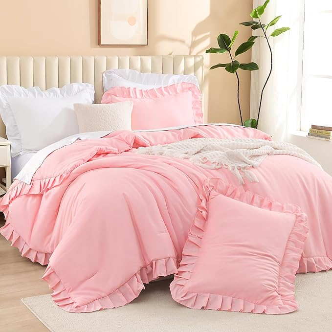 Litanika Pink King Size Comforter Set, 3 Pieces Ruffle Farmhouse Aesthetic Bedding Comforter Set, All Season Soft Lightweight Fluffy Microfiber Bed Set(104x90In Comforter, 2 Pillowcases)