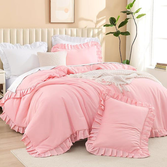 Litanika Pink Queen Comforter Set, 3 Pieces Ruffle Farmhouse Aesthetic Bedding Comforter Set, All Season Soft Lightweight Fluffy Microfiber Bed Set(90x90In Comforter, 2 Pillowcases)