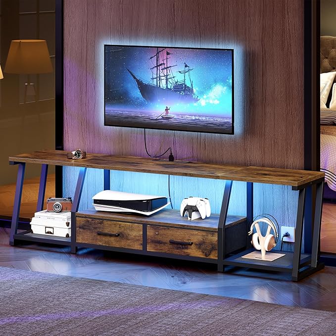 LED TV Stand with Fabric Drawers for 80 Inch TV, Entertainment Center with Power Outlets and Open Storage Shelves, Industrial Media TV Console Table for Living Room, Bedroom, Rustic Brown