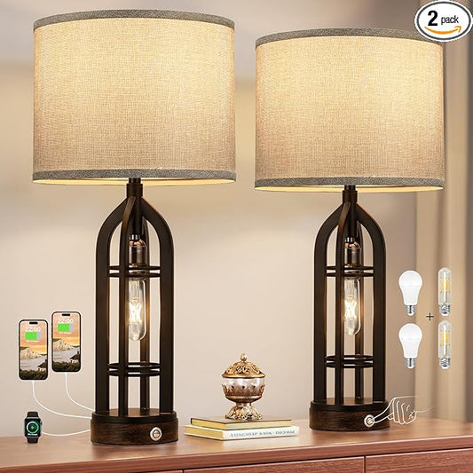 Seealle Table Lamp for Living Room Set of 2 - Bedside Lamp for Bedroom with USB C+A & Outlet, Farmhouse Lamps for Night Stands, 3-Way Dimmable Touch Lamps for Living Room with Grey Shade