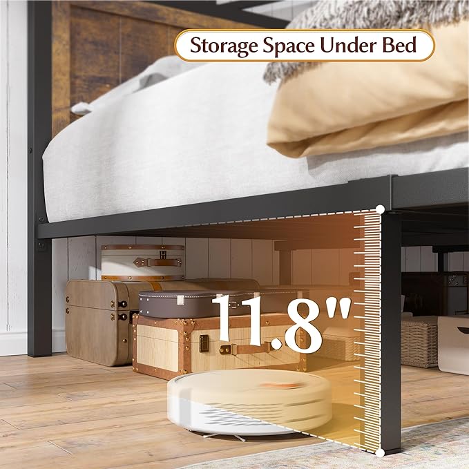 EnHomee Full Size Bed Frame with Headboard and Storage, 2 Drawers & LED Light Built in Charging Station,NO Noise,No Box Spring Needed,Brown