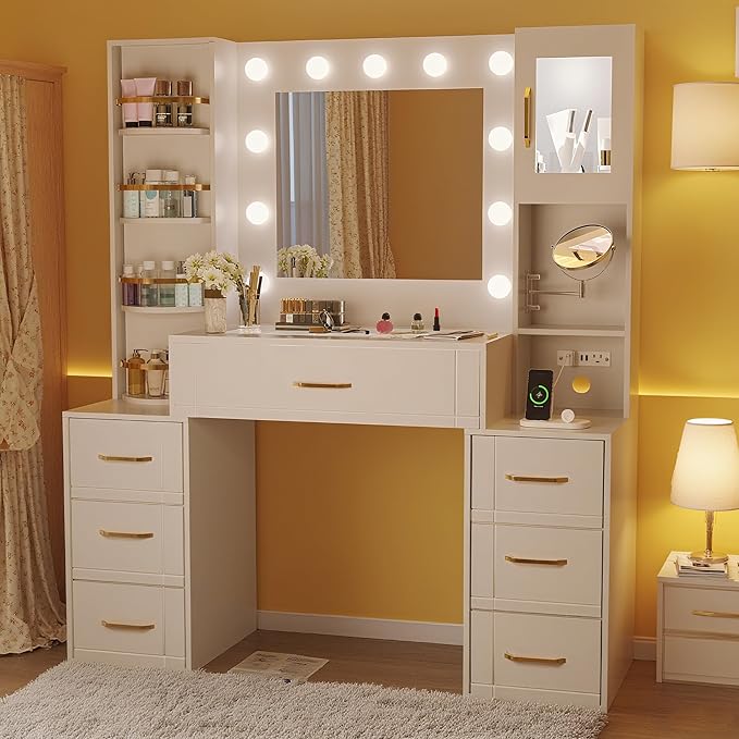 Makeup Vanity Desk with Mirror and Lights,Glass Top Dresser with Charging Station,Vanity Table with 7 Drawers and 10X Makeup Mirror,Rotating Open Storage Cabinet (White-10X Mirror, Large)