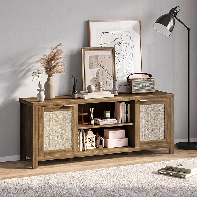 Rattan TV Stand for TVs up to 65'',Boho Entertainment Center with Adjustable Shelves, Mid Century Modern Media TV Console Cabinet with Rattan Doors for Living Roon Bedroom Caramel Oak LTV91BR