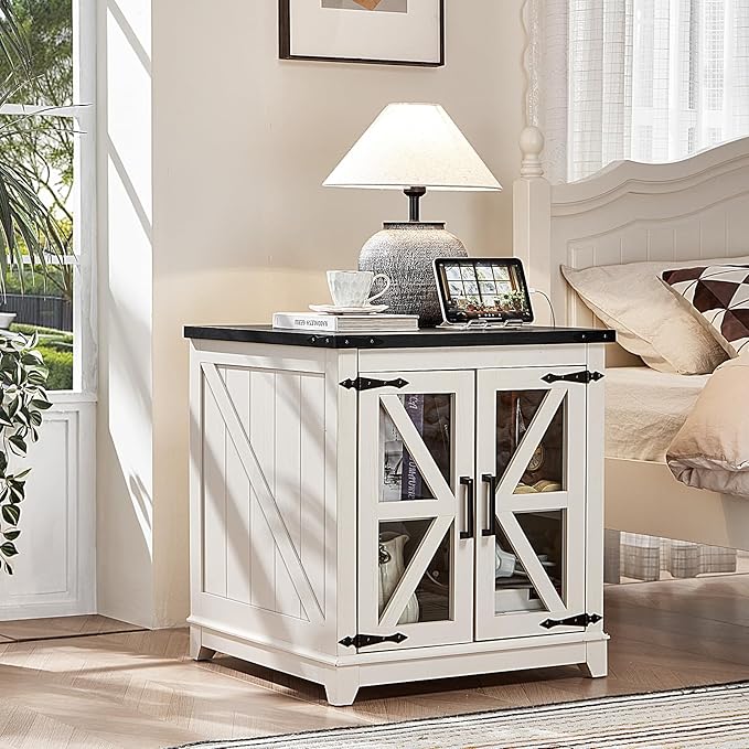 Farmhouse Coffee Table Sets 2 Pieces, Large End Side Tables with Charging Station and Coffee Table with Hidden Storage Compartment, Black Living Room Table Set, Wood Furniture Sets for Home Office