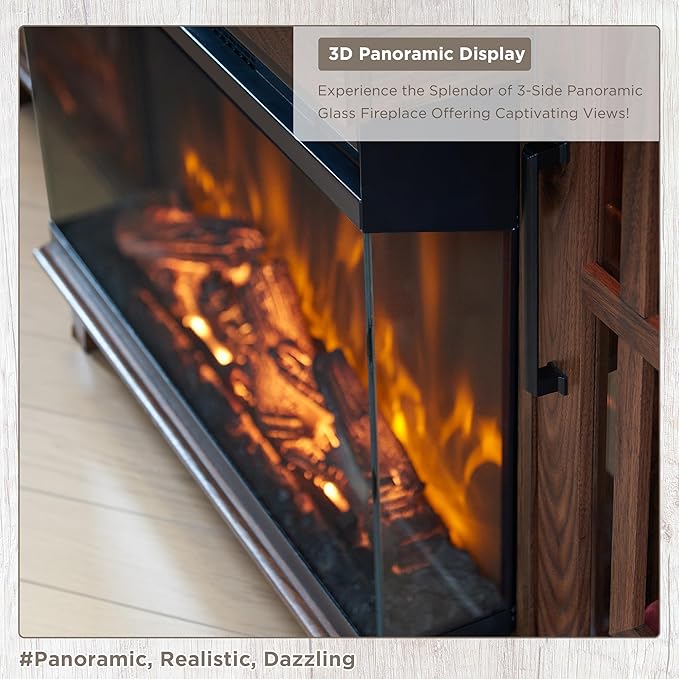 JXQTLINGMU Fireplace TV Stand for 75" TV, 32" Tall Farmhouse Entertainment Center with 26'' Electric Fireplace & LED Light, Rustic Media Console with 2 Large Storage Cabinets for Living Room, Brown