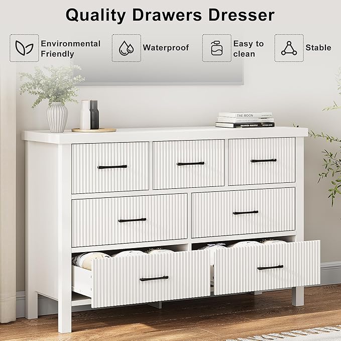 Fluted 7 Drawers Dresser for Bedroom, Modern Chest of Drawers with Metal Handle, Wood Dresser TV Stand, Wooden Closet Clothes Storage Organizer for Living Room, Hallway (White)