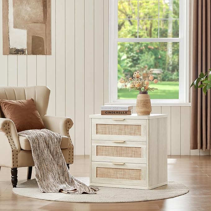 LEYAOYAO Rattan Night Stand Set 2 with Drawers, 23" Large Boho Nightstand, 3 Drawer Grey White Bedside Table Storage Cabinet, Bed Side End Tables Chest of Drawers, Living Room, Hallway, Closet