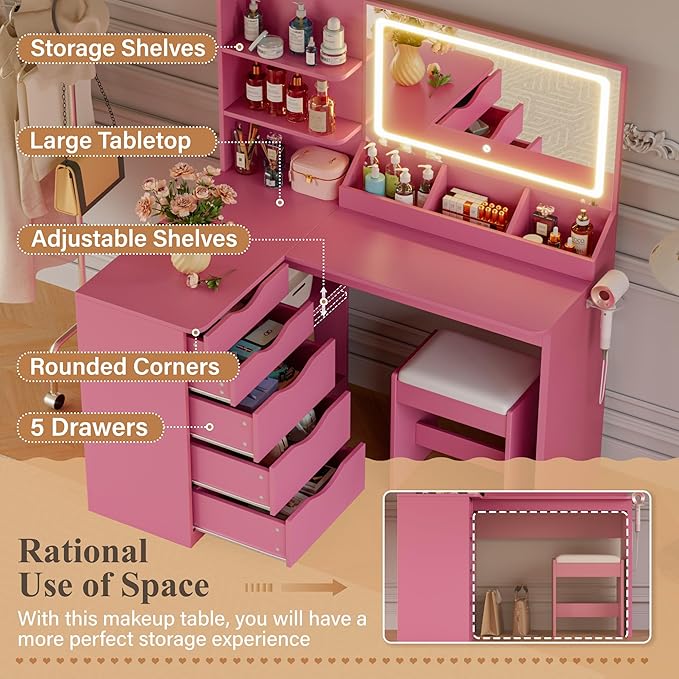 JUMMICO Makeup Vanity Desk with Mirror and Lights, L- Shaped Vanity, Modern Vanity Table with 5 Drawers & Adjustable Shelves, Power Outlet with Fast Charging, for Bedroom (Pink)