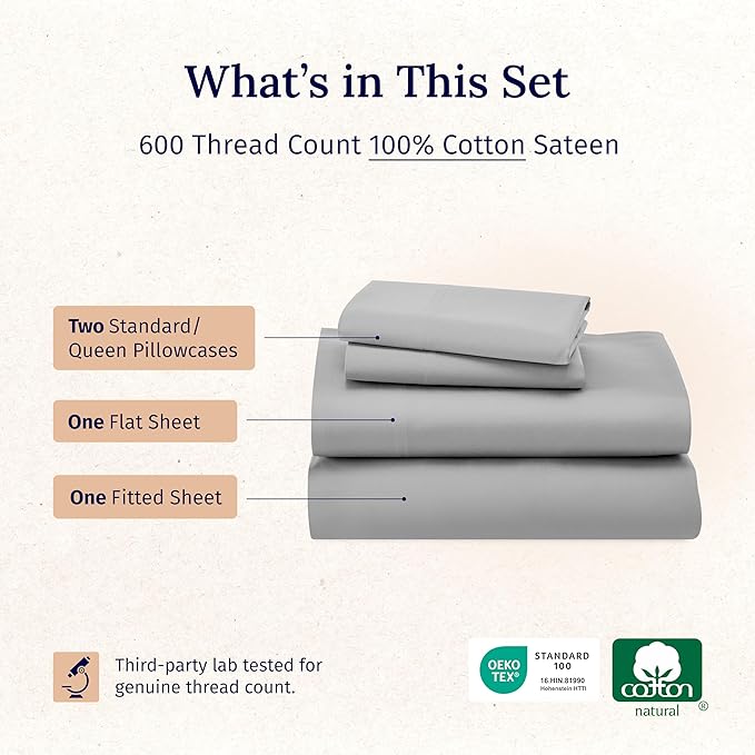 California Design Den - Luxury Full Size Sheet Set - 100% Cotton, 600 Thread Count Deep Pocket Full Size Bed Sheets, Hotel-Quality Cooling Sheets, Sateen Weave - Light Grey