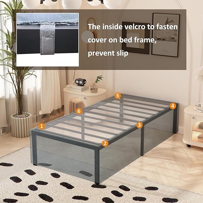 Twin Bed Frames with Fabric Cover 18 Inch, Heavy Duty Metal Bed Frame Twin, No Box Spring Needed, Support Up to 2500 lbs, Easy Assembly, Noise Free, Black
