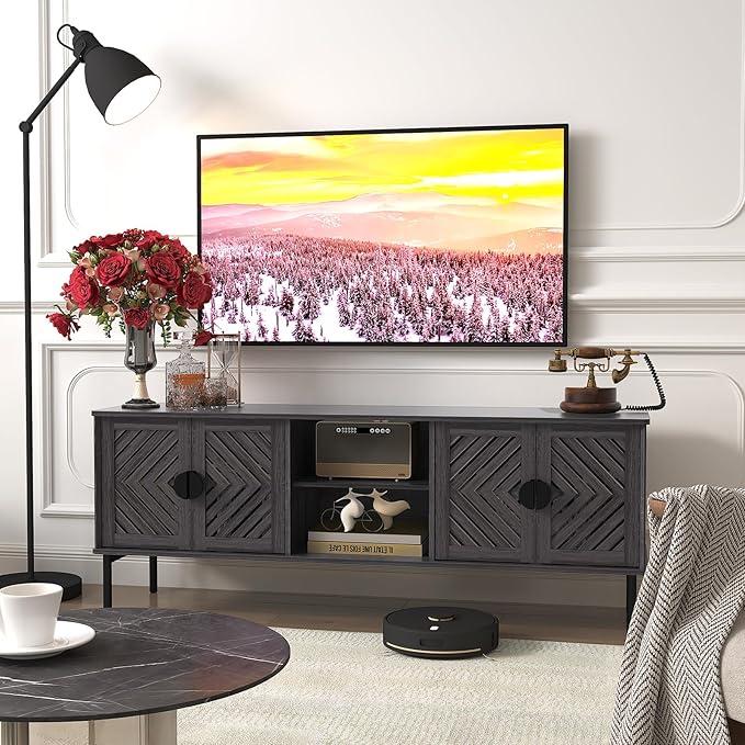 ARTPOWER 63" Modern TV Stands for Living Room, Long Entertainment Center with Storage, TV Console for 55 60 65 70 Inch TV, Bedroom TV Cabinet with Doors, Wood Media Console, Television Stand, Grey