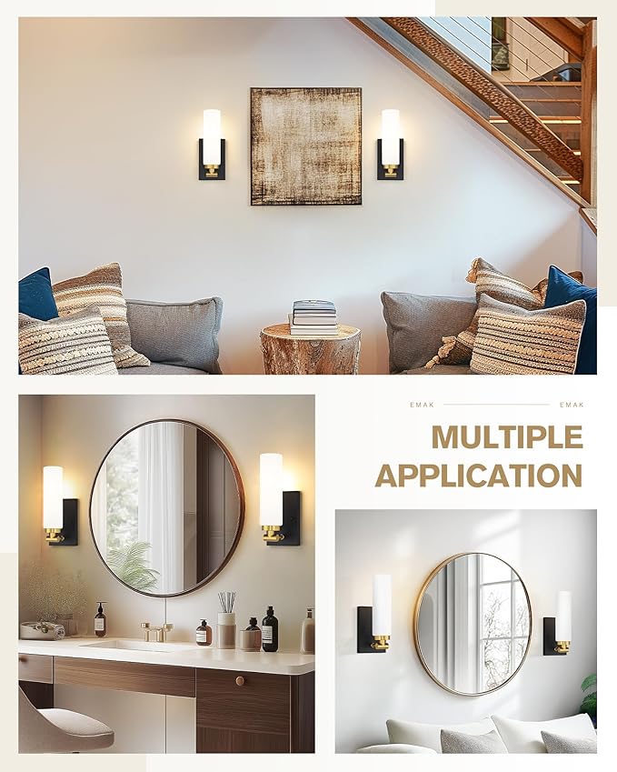 Emak Bathroom Sconces Set of 2, Black and Gold Wall Sconce with Milk Glass Shade, Modern Farmhouse Bathroom Light Fixtures for Living Room, Bedroom, Gallery, WS086-BKBGD-ML-2PK