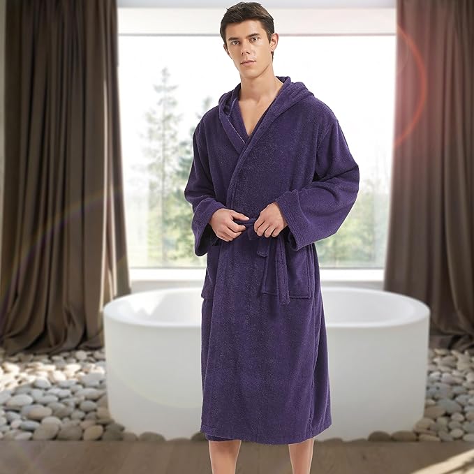 Mens Robe with Hood-Classic Terry Cloth Bathrobe for Men,Soft Knee Length Bathrobes