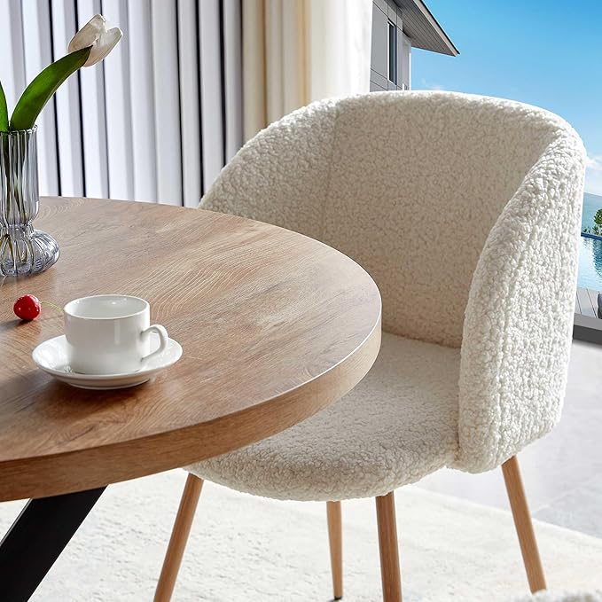 5 Pieces Dining Table Set for 4, 37-Inch Dia Round Home Kitchen Dinner Table with Thick Tabletop, 4 Seated Upholstered Arm Chairs, Faux Wood Round Table with Comfy Barrel Accent Chair