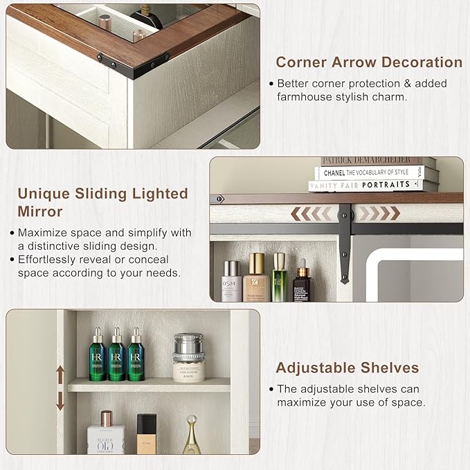 Farmhouse Makeup Vanity Desk with Sliding Mirror and Lights, 42" Glass Top White Vanity Set with Charging Station & 4 Drawers & 2 Cabinets, Dressing Table with Stool for Bedroom