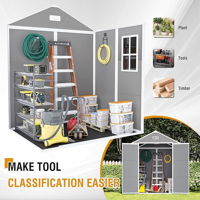 6x5 FT Outdoor Storage Resin Shed with Floor, Waterproof Plastic Garden Tool Shed with Windows, Vents & Lockable Door and Sloped Roof, Easy to Assemble Bike Shed for Patio, Backyard, Lawn, Grey