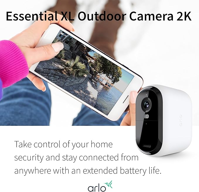 Arlo Essential XL Security Camera 2K | Indoor - Outdoor | 2nd Gen | 4X Longer Battery | Wire-Free with Spotlight, 2-Way Audio, Color Night Vision, Live Stream, Motion Activation, Notifications-White