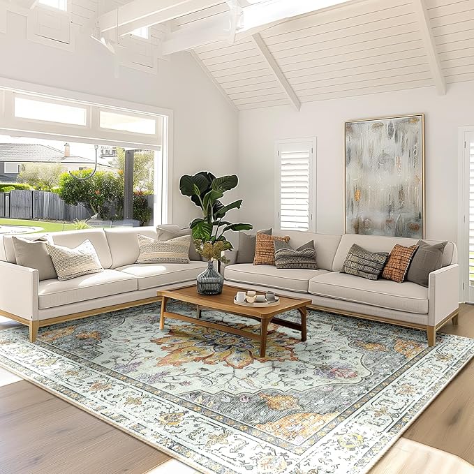 Area Rugs 6'x9' Washable Non-Slip, Floral Vintage Distress Print Pattern Medallion Carpet for Living Room Bedroom Dining Room, Light Yellow Carbon Grey Orange